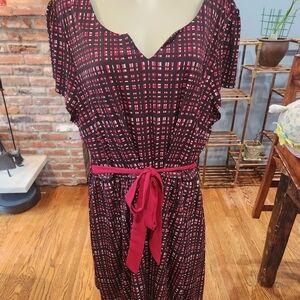 Plaid double lined knee length dress with waist tie